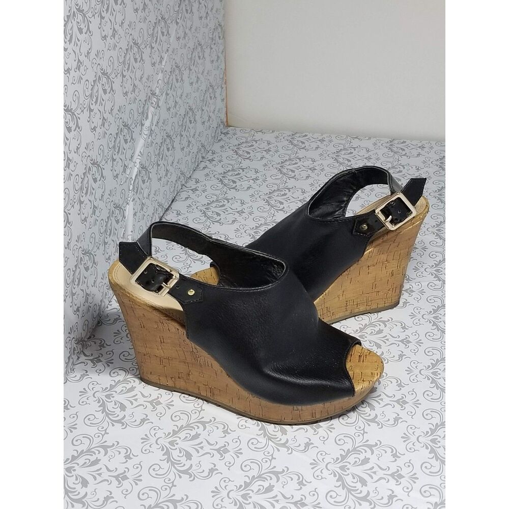 Black cork wedge heels